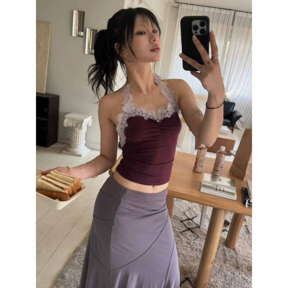 Zara Summer Lace Backless Sleeveless Fitted Halter Crop Top